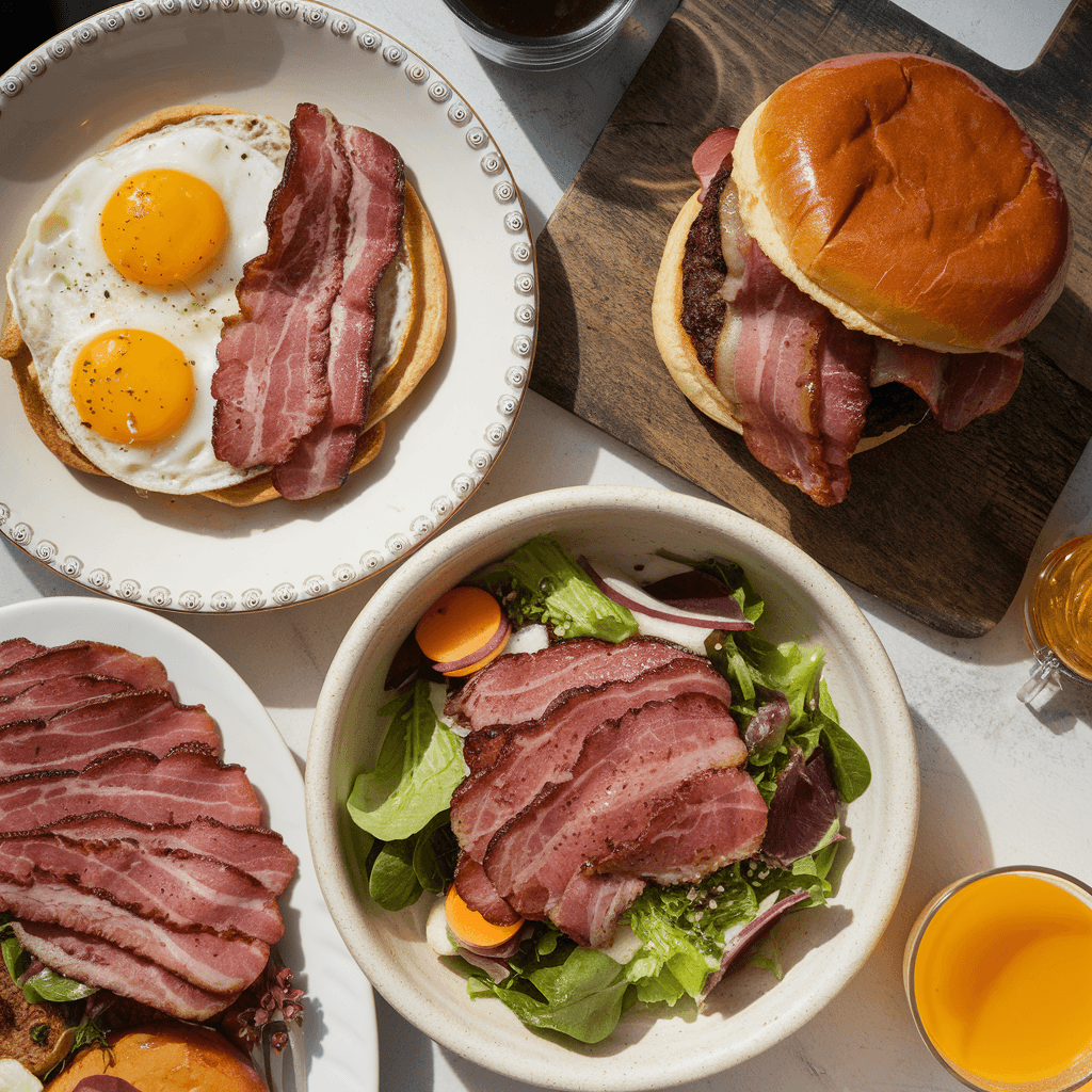 A photorealistic collage showcasing three gourmet dishes featuring beef bacon. The first is a classic breakfast plate with crispy beef bacon, sunny-side-up eggs with golden yolks, and toasted sourdough bread, served with a cup of coffee and fresh fruit. The second is a towering burger with layers of beef bacon, a juicy patty, melted cheddar, lettuce, and tomato, paired with fries and a glass of beer. The third is a vibrant salad with arugula, cherry tomatoes, avocado slices, and crispy bacon crumbles, drizzled with balsamic vinaigrette and served with a rustic baguette and iced tea