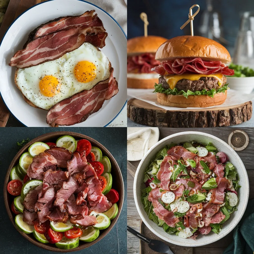 a-visually-stunning-and-appetizing-compo_Zevo7pa8T62FHW7w_-FBfA_Cv0EHe6tQImF48tuE-f7lw A photorealistic collage showcasing three gourmet dishes featuring beef bacon. The first is a classic breakfast plate with crispy beef bacon, sunny-side-up eggs with golden yolks, and toasted sourdough bread, served with a cup of coffee and fresh fruit. The second is a towering burger with layers of beef bacon, a juicy patty, melted cheddar, lettuce, and tomato, paired with fries and a glass of beer. The third is a vibrant salad with arugula, cherry tomatoes, avocado slices, and crispy bacon crumbles, drizzled with balsamic
