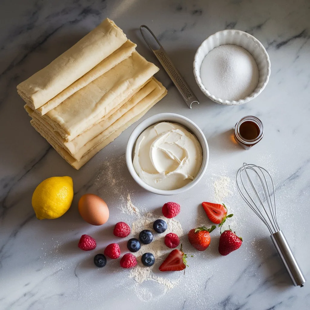 an-overhead-shot-of-fresh-baking-ingredi_MQZyzPZ6RaiWh2zJVpyV-w__m2PU8PgQu2LAUFoxu38-g (1) An overhead view of ingredients for Danish pastries on a marble countertop. Golden puff pastry sheets, a bowl of cream cheese, granulated sugar in a small ramekin, a zested lemon, vanilla extract in a tiny jar, a whisk beside a cracked egg, and vibrant fresh berries—raspberries, blueberries, and strawberries—are neatly arranged. The countertop is dusted lightly with flour, and the lighting is soft and natural, creating a clean, inviting kitchen atmosphere