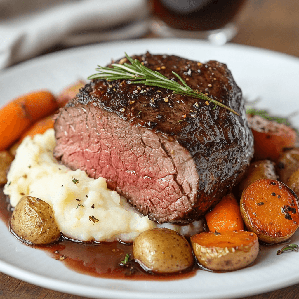 Medium-rare beef roast slice on mashed potatoes with roasted carrots and potatoes, garnished with rosemary and pan juices.
