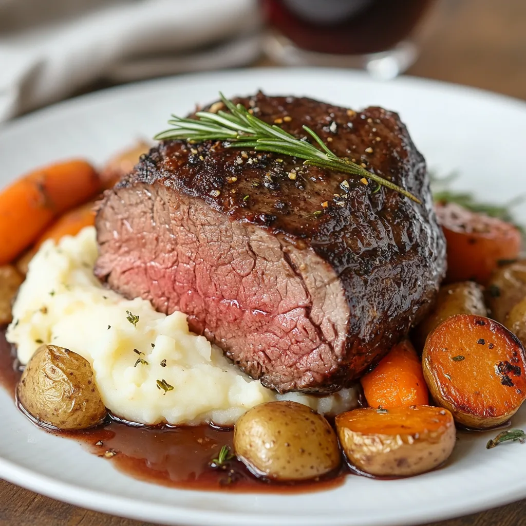 Medium-rare beef roast slice on mashed potatoes with roasted carrots and potatoes, garnished with rosemary and pan juices.
