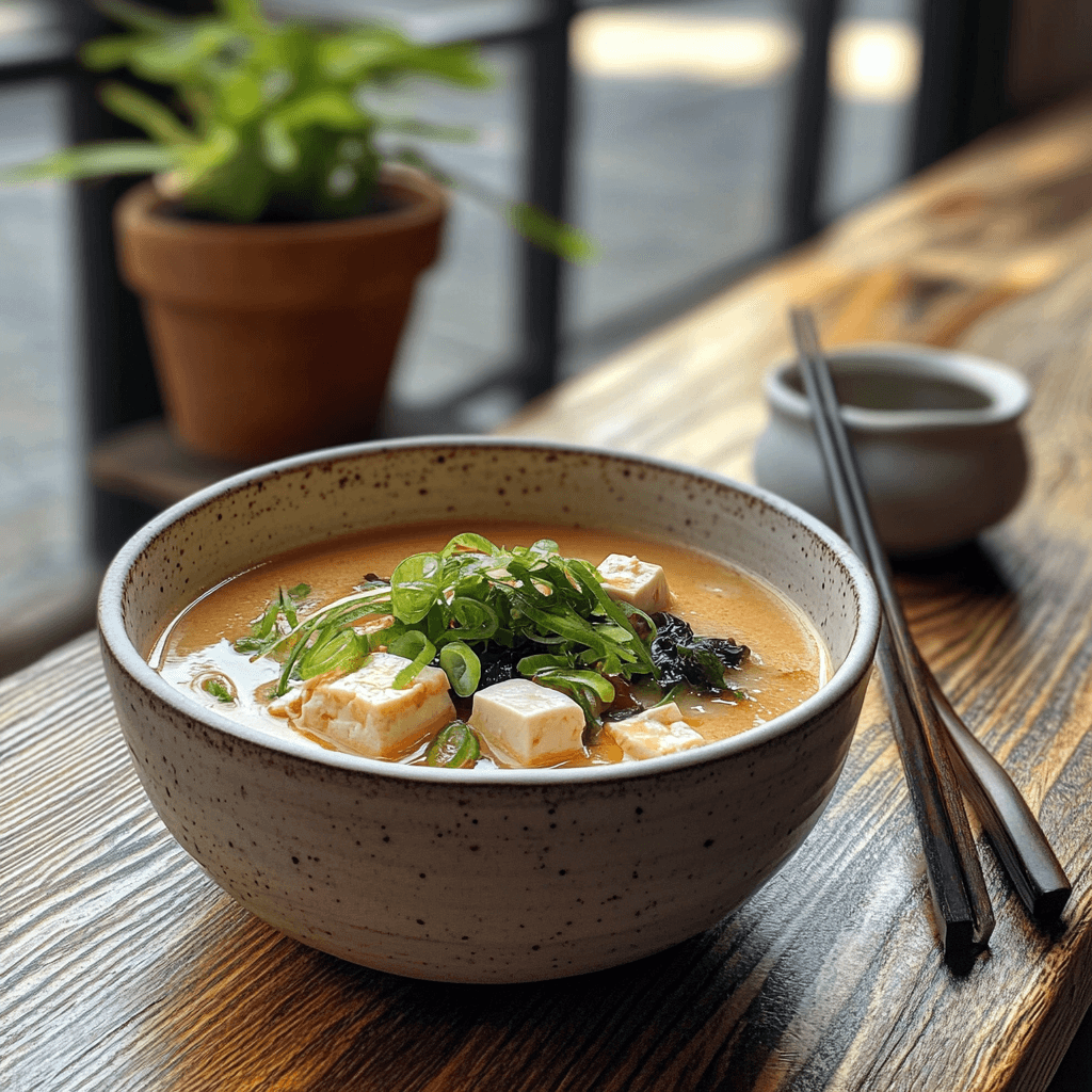 Bowl of miso soup with tofu, wakame, and scallions, served on a bamboo mat with chopsticks.