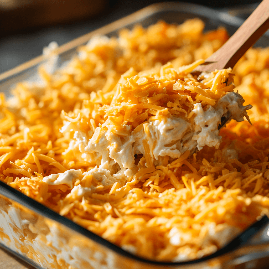 A glass dish filled with a creamy hash brown and chicken mixture, topped with cheese and crispy onions,