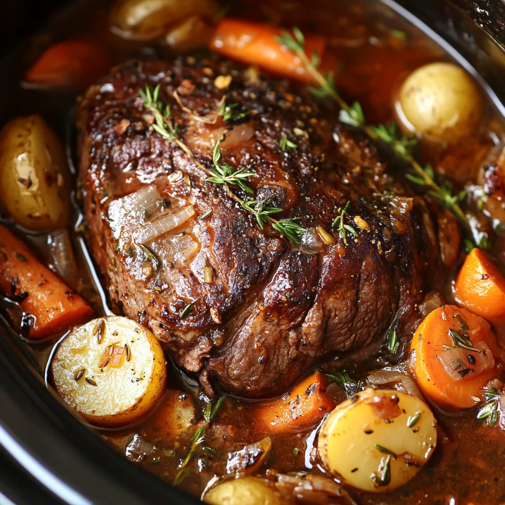 u8779999521_A_close-up_view_inside_an_oval-shaped_crock_pot_d_8bf8e693-5652-463a-8a6d-a833ec92cdb8_3 Medium-rare beef roast slice on mashed potatoes with roasted carrots and potatoes, garnished with rosemary and pan juices