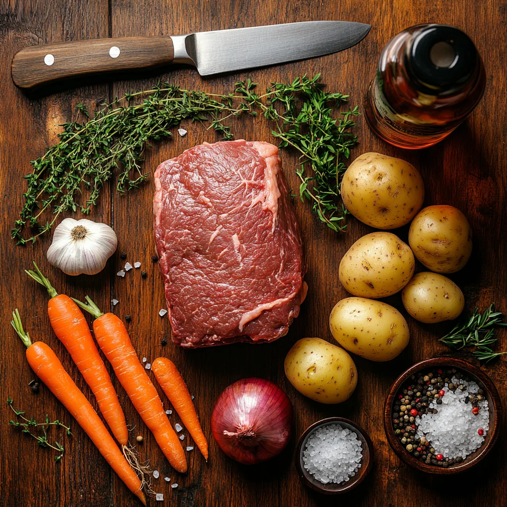 u8779999521_A_flat_lay_on_a_rustic_wooden_table_featuring_the_3fcf6247-007b-4c12-bd3c-805397070157_2 Top-down view of raw beef sirloin tip roast surrounded by carrots, potatoes, onions, garlic, and herbs on a wooden table