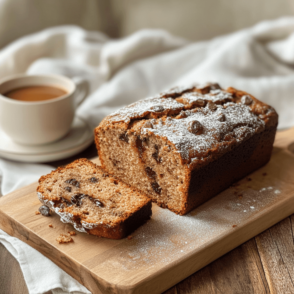 Golden-brown banana bread loaf with a cracked top, one slice cut to reveal a moist interior with melted chocolate chips, placed on a wooden board with a coffee cup nearby