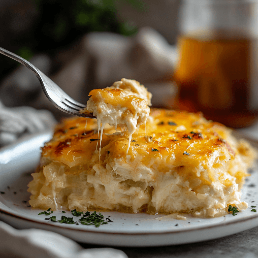 u8779999521_A_stunning_close-up_shot_of_a_freshly_baked_Chick_33a02269-3e9b-4ed3-9d91-370a2929b335_1 A golden, cheesy Chicken and Hash Brown Casserole on a plate, with a fork lifting a steaming bite.