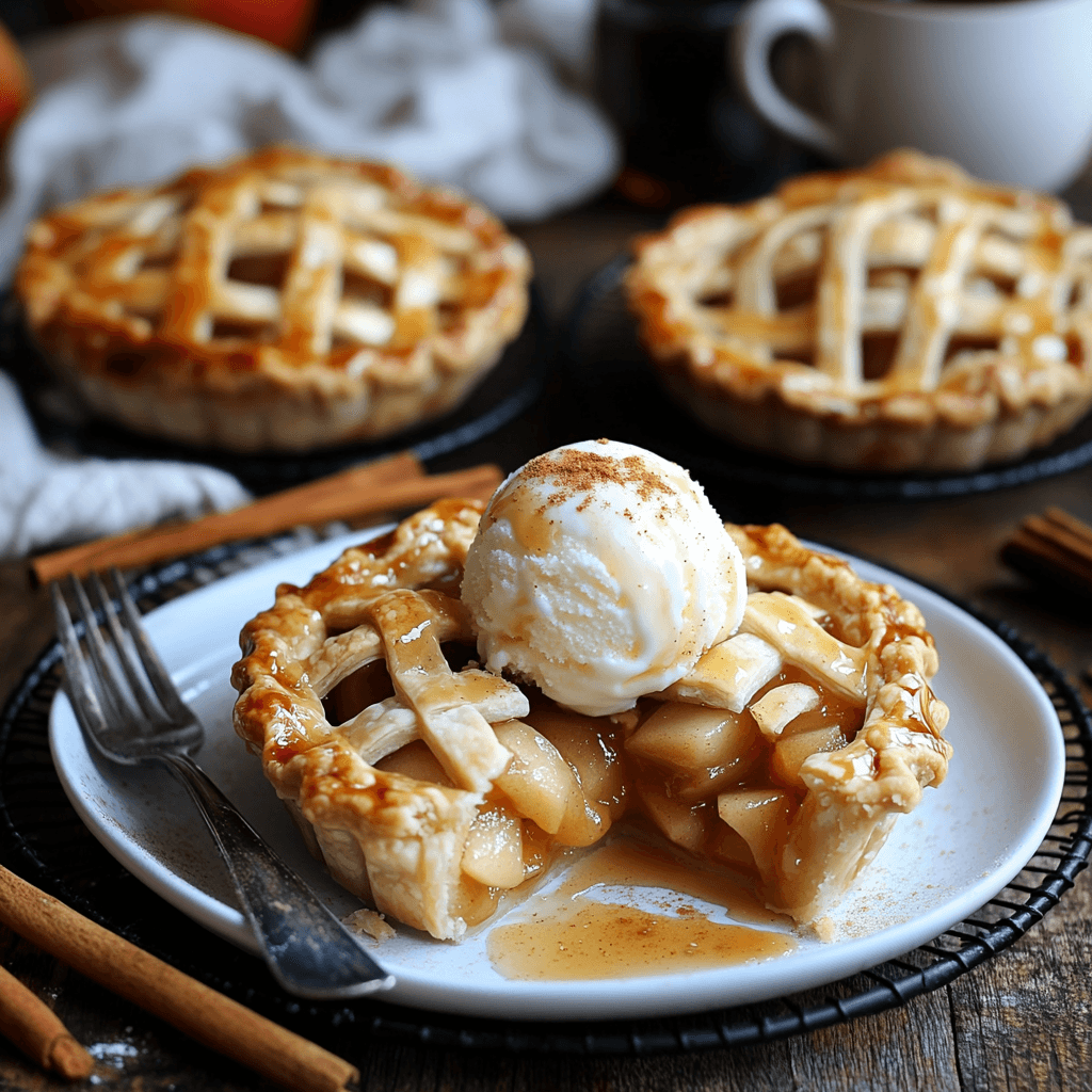 Golden mini apple pies cooling on a wire rack, one served with vanilla ice cream and caramel drizzle on a rustic plate.