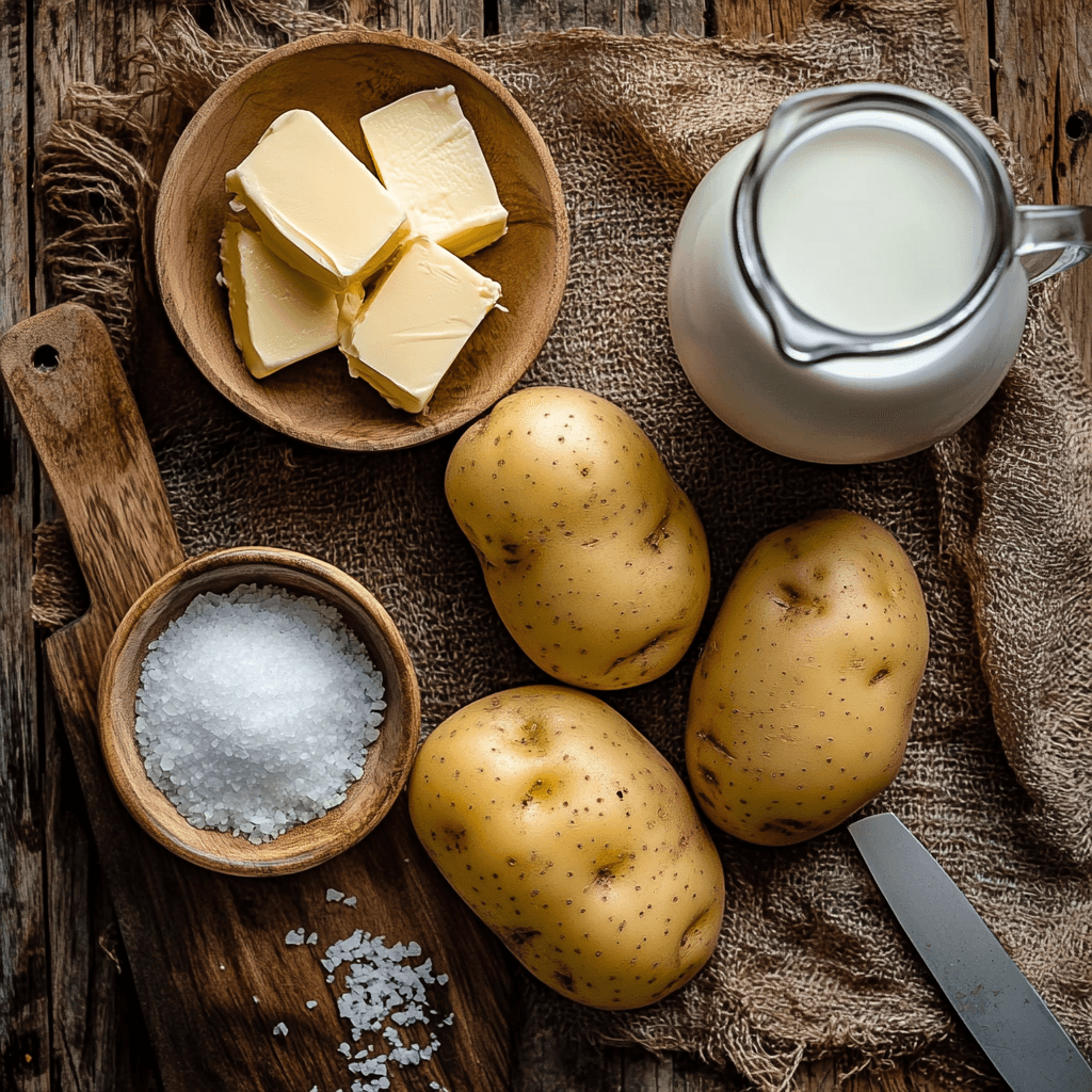 u8779999521_A_beautifully_arranged_flat-lay_of_four_fresh_ing_d482d5d2-8194-461d-b2e6-2acf59ec1c54_3 A top-down view of Yukon potatoes, butter, milk, and salt on a rustic wooden countertop.