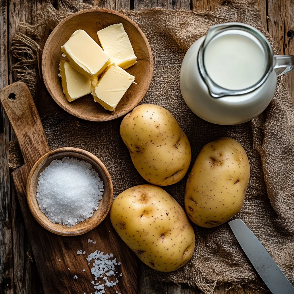 u8779999521_A_beautifully_arranged_flat-lay_of_four_fresh_ing_d482d5d2-8194-461d-b2e6-2acf59ec1c54_3 A top-down view of Yukon potatoes, butter, milk, and salt on a rustic wooden countertop.