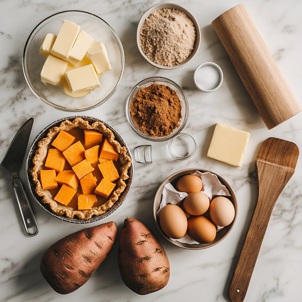u8779999521_A_beautifully_arranged_flat-lay_of_fresh_ingredie_3683fe3e-f7c9-4f9b-9291-37b9cfe4b441_1 A top-down view of sweet potatoes, butter, brown sugar, eggs, cinnamon, and pie crust on a marble countertop.