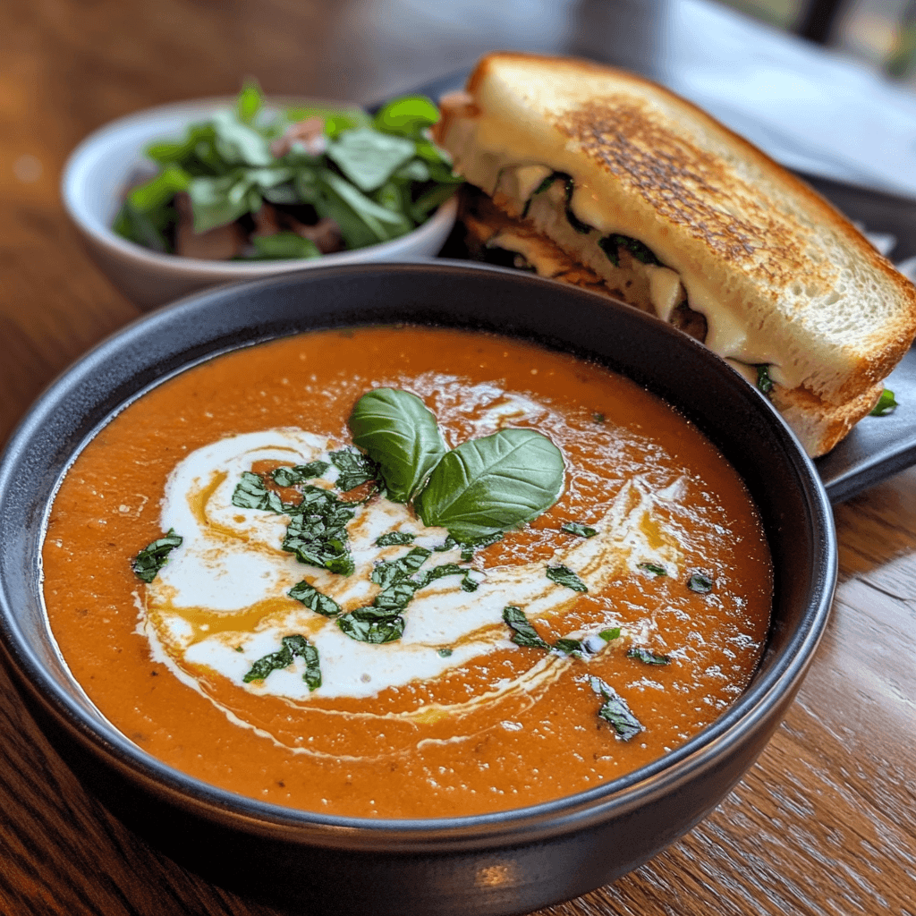 A creamy tomato soup with basil garnish, served with a crispy, gooey grilled cheese sandwich.