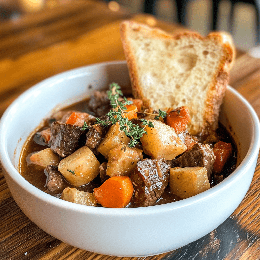 A bowl of rich, hearty beef stew with root vegetables, garnished with thyme, served with crusty bread.