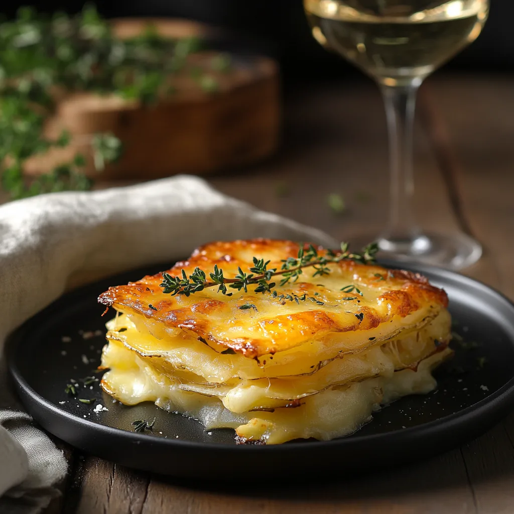 u8779999521_A_beautifully_plated_serving_of_golden_cheesy_pot_b05483c2-0cc6-4eaa-a2b3-0db84fe74dd8_3 A golden, cheesy potato bake served on a black plate, garnished with fresh thyme, with steam rising and a fork taking a bite.