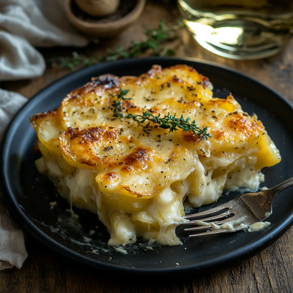 u8779999521_A_beautifully_plated_serving_of_golden_cheesy_pot_b1822d73-ebb7-4dc6-add1-1db3509d8619_1 A golden, cheesy potato bake served on a black plate, garnished with fresh thyme, with steam rising and a fork taking a bite.
