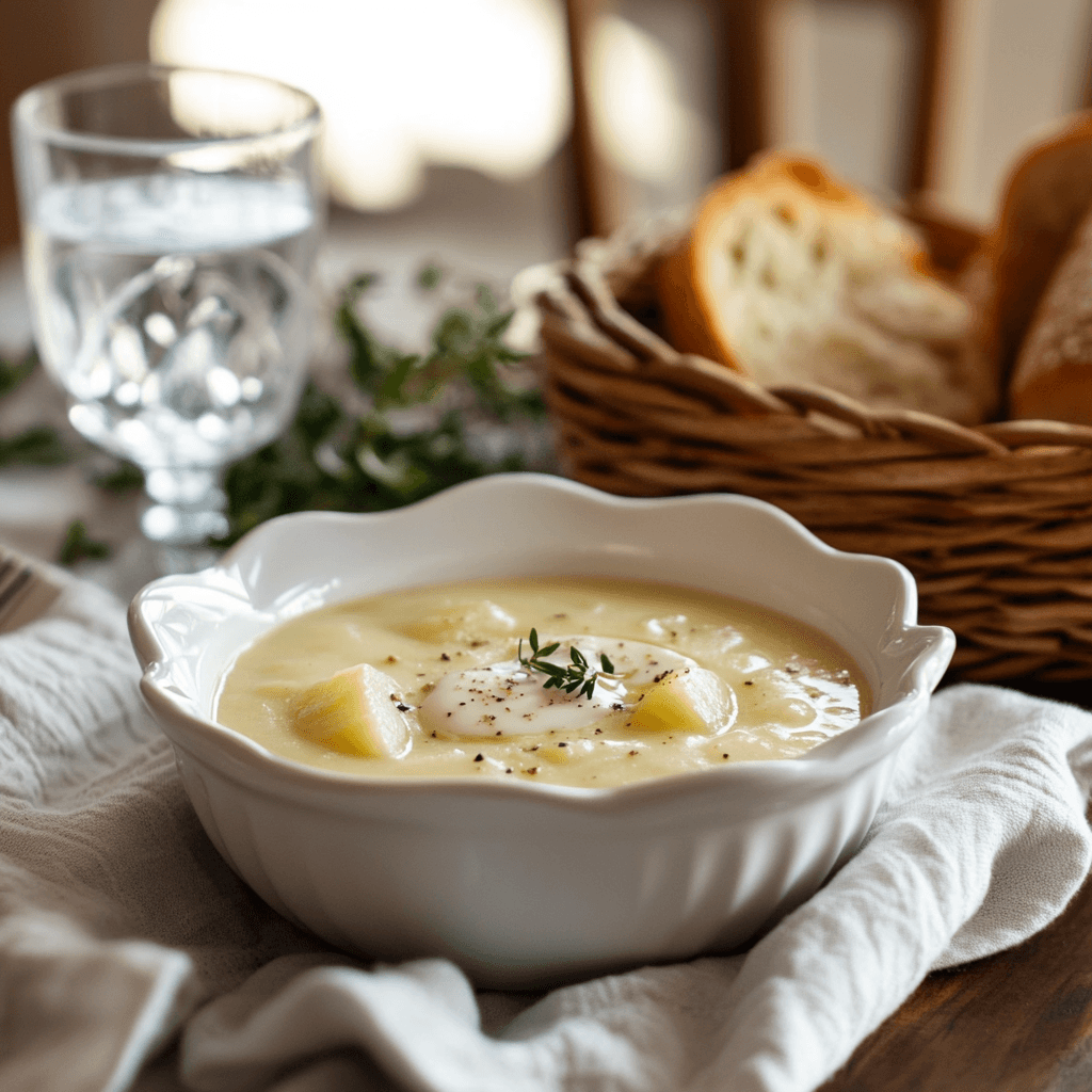 u8779999521_A_beautifully_set_dinner_table_featuring_a_fresh__ed75ff0f-a94a-4173-8242-27885d259fd5_0 A bowl of smooth, creamy potato soup with a pat of butter on top, served on a rustic table.