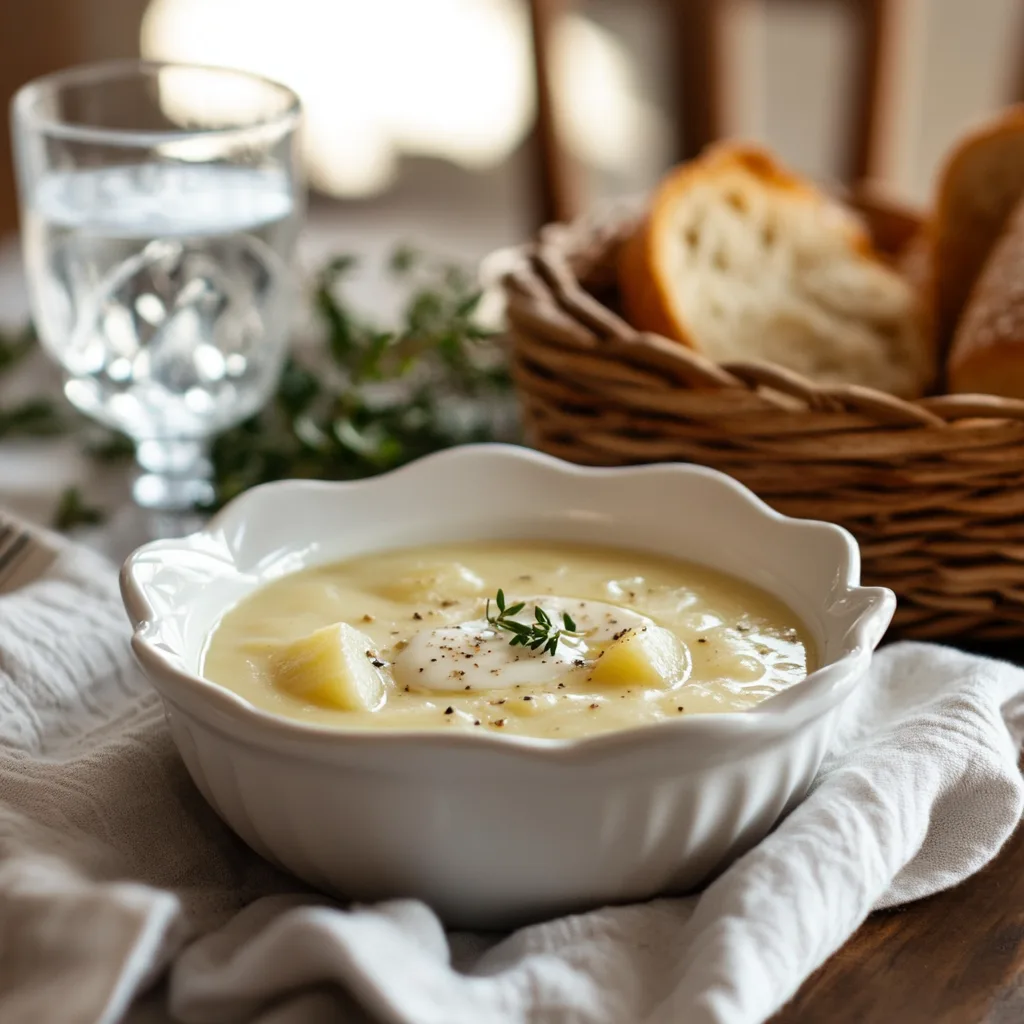 u8779999521_A_beautifully_set_dinner_table_featuring_a_fresh__ed75ff0f-a94a-4173-8242-27885d259fd5_0 A bowl of smooth, creamy potato soup with a pat of butter on top, served on a rustic table.