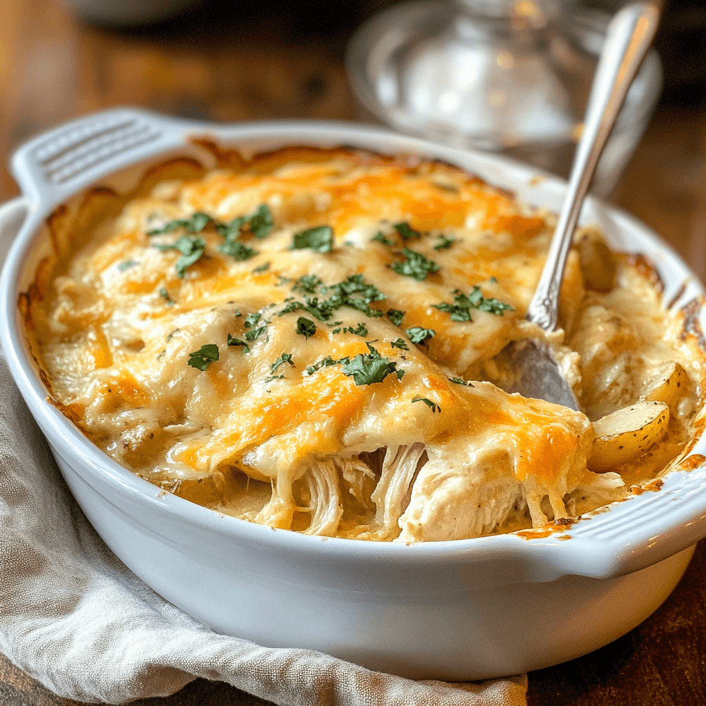 u8779999521_A_bubbling_golden-brown_creamy_chicken_and_potato_9c5bad76-ba56-4b68-8182-7b839ce2faff_0 Golden, cheesy creamy chicken and potato casserole in a white baking dish, with a spoon revealing its rich, gooey layers, garnished with fresh parsley.