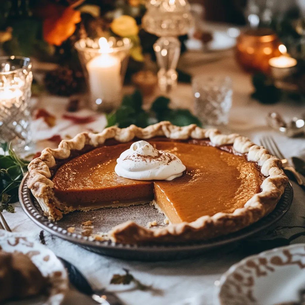 u8779999521_A_freshly_baked_sweet_potato_pie_sits_elegantly_o_045f03d4-a4df-4eaf-ac7f-985df1429ab7_3 A fresh sweet potato pie on a beautifully set dinner table, topped with whipped cream and cinnamon.