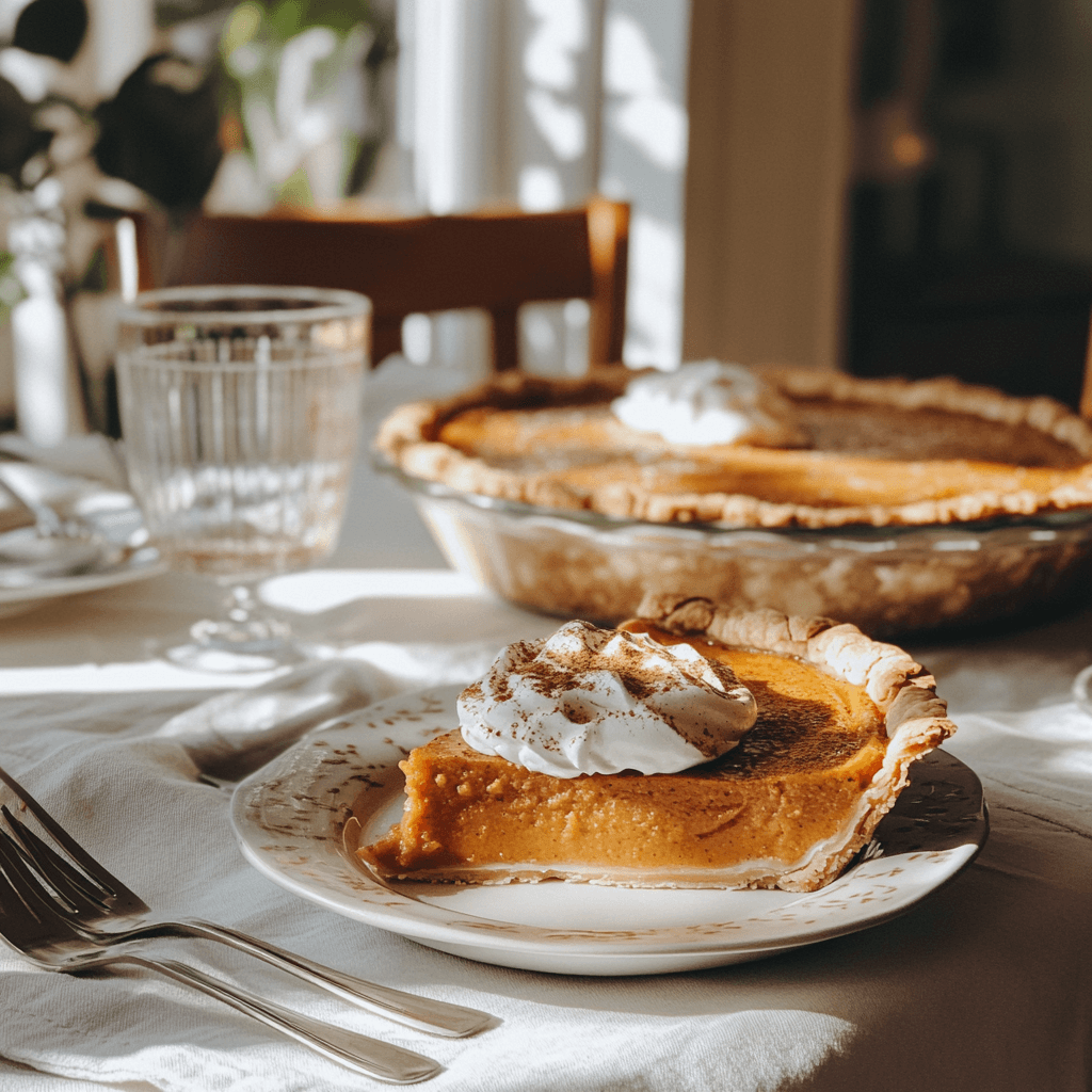 A golden sweet potato pie on a beautifully set dinner table, with a slice served on a plate, topped with whipped cream and cinnamon. Soft natural light enhances the warm, inviting setting.
