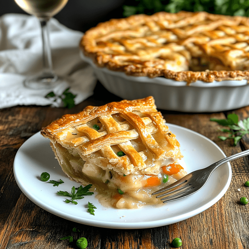 Golden, flaky chicken pot pie with a slice removed, revealing a rich, creamy filling, served on a rustic wooden table.