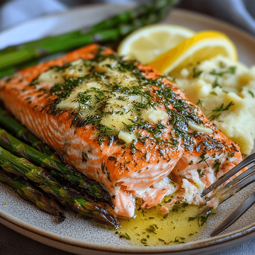 Perfectly baked salmon with a golden crust, garnished with fresh herbs and lemon, served with sides.