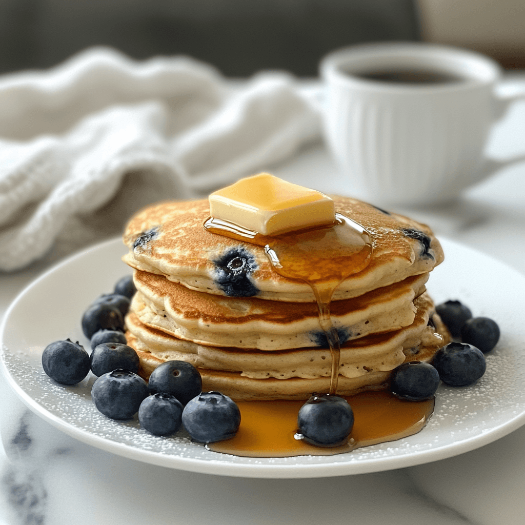 A golden stack of fluffy blueberry pancakes with melting butter and a drizzle of maple syrup, surrounded by fresh blueberries on a rustic wooden table.
