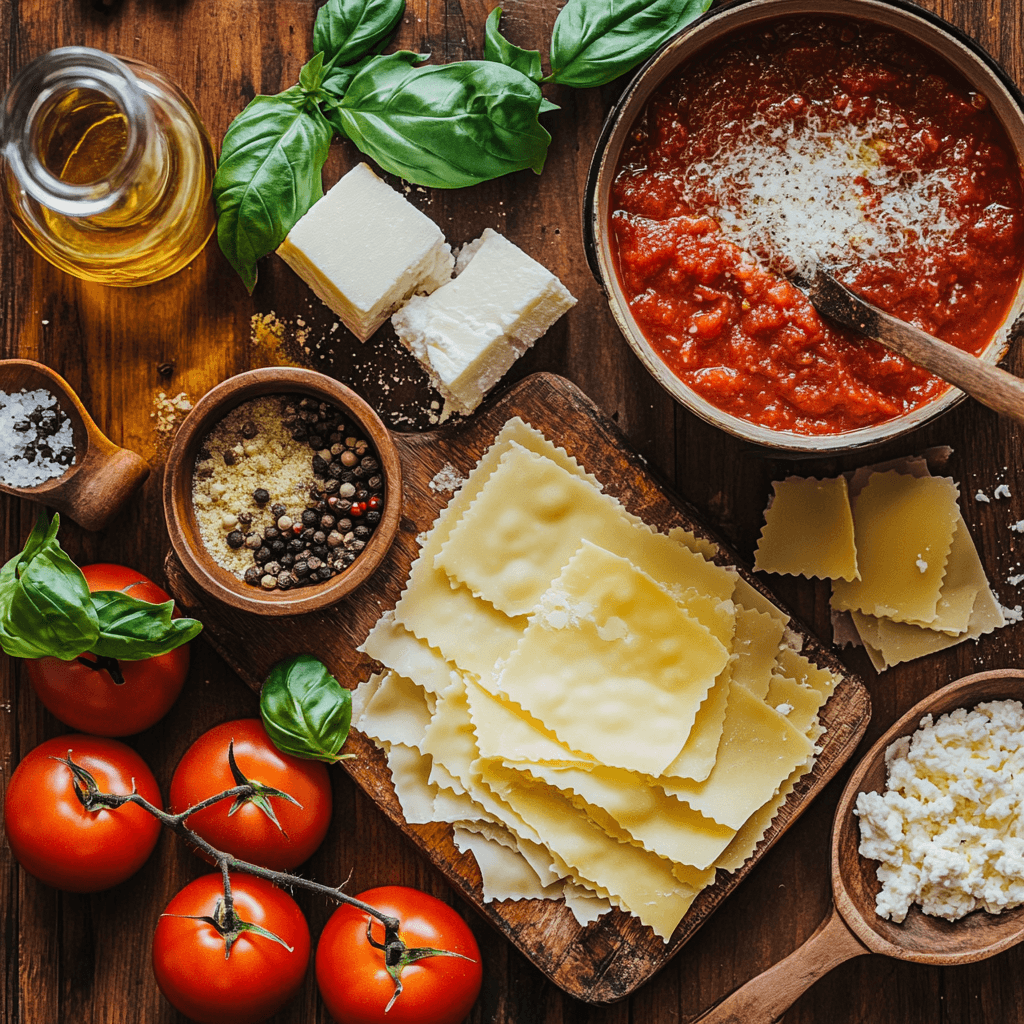 u8779999521_A_stunning_flat_lay_of_fresh_lasagna_ingredients__5d6a3c1a-b3e8-4920-8d7a-f635945edc36_1 A flat lay of lasagna ingredients, including ricotta, mozzarella, pasta sheets, marinara sauce, basil, and Parmesan on a rustic wooden counter.