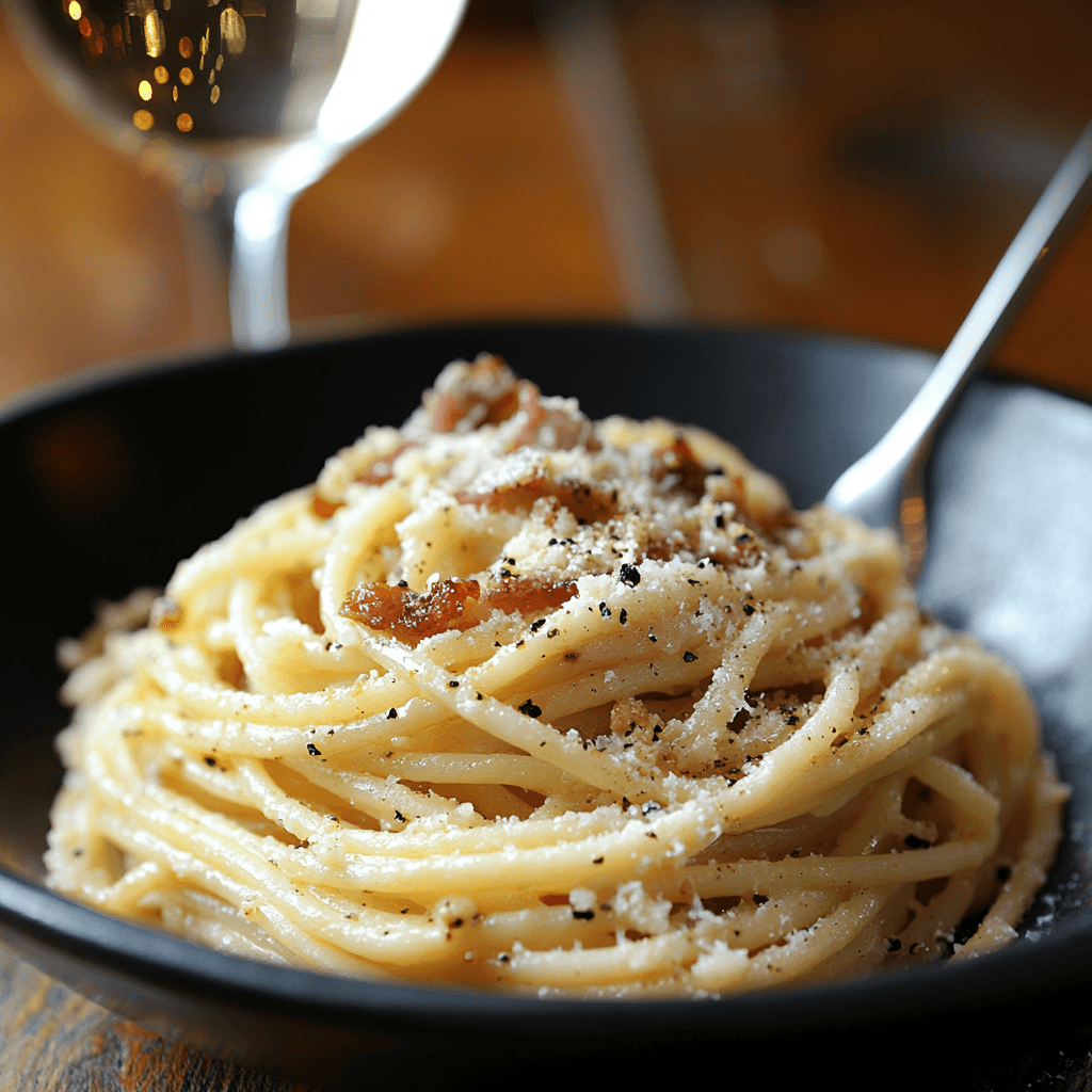 u8779999521_A_stunning_high-resolution_top-down_shot_of_a_pla_29984712-16ba-433a-a38c-86f698d8d68f_3 A plated serving of Spaghetti Carbonara on a black ceramic dish, twirled pasta with glossy sauce, crispy guanciale, Pecorino Romano, and black pepper.