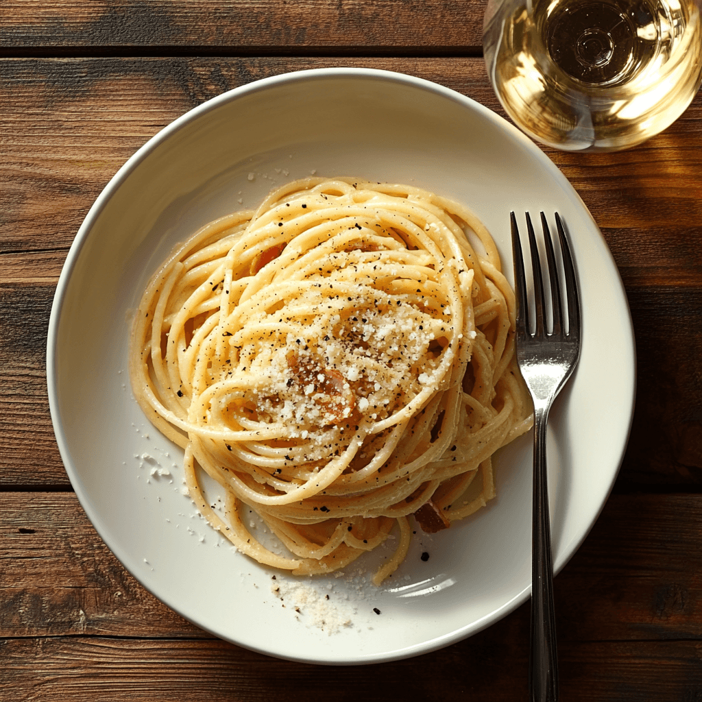 A plated serving of Spaghetti Carbonara on a black ceramic dish, twirled pasta with glossy sauce, crispy guanciale, Pecorino Romano, and black pepper.