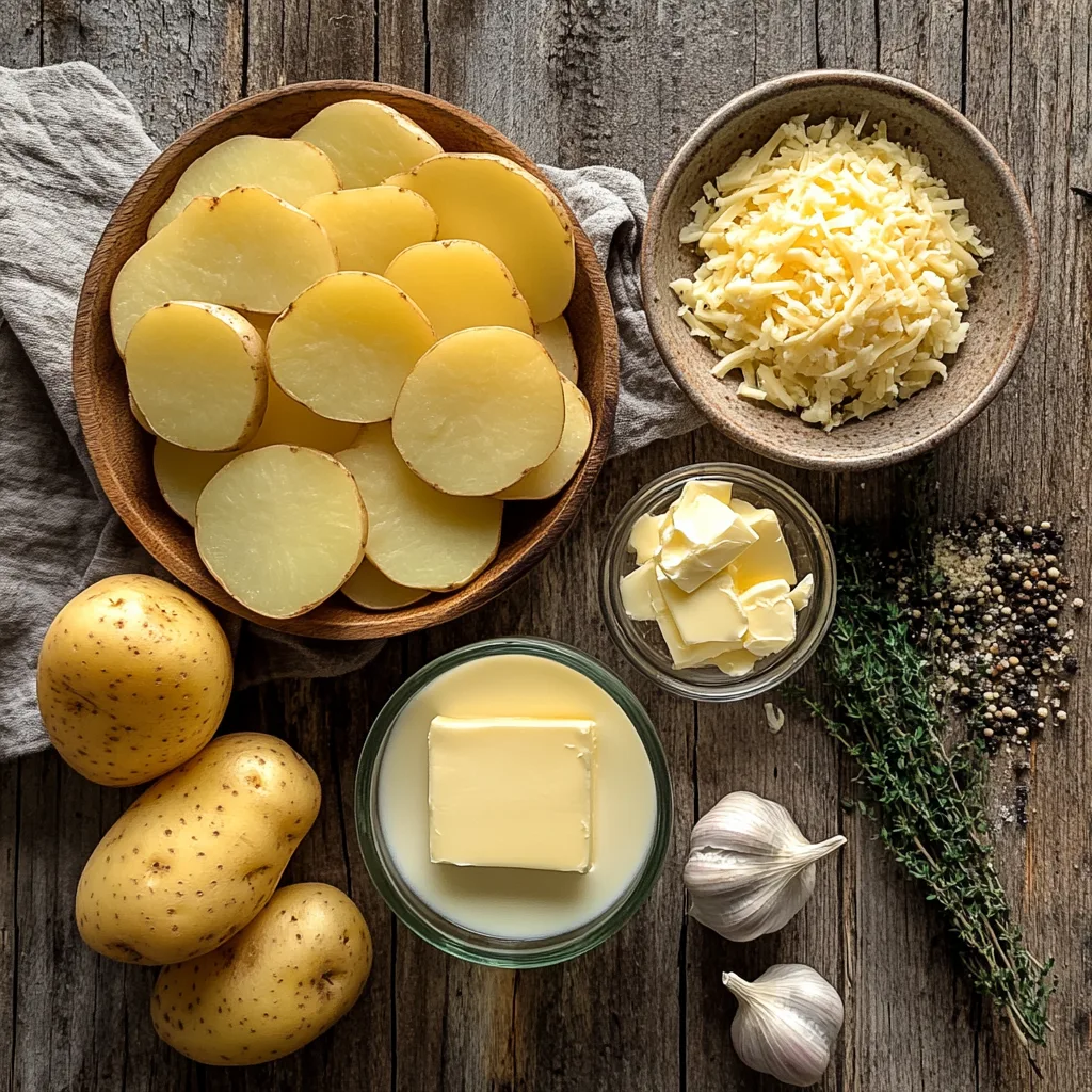 u8779999521_A_top-down_view_of_fresh_ingredients_for_a_creamy_efa05202-3427-48bf-9dab-20cbdbb7dd1a_1 A top-down view of fresh ingredients for potato bake, including sliced potatoes, cheese, cream, garlic, and spices, arranged on a rustic wooden countertop.