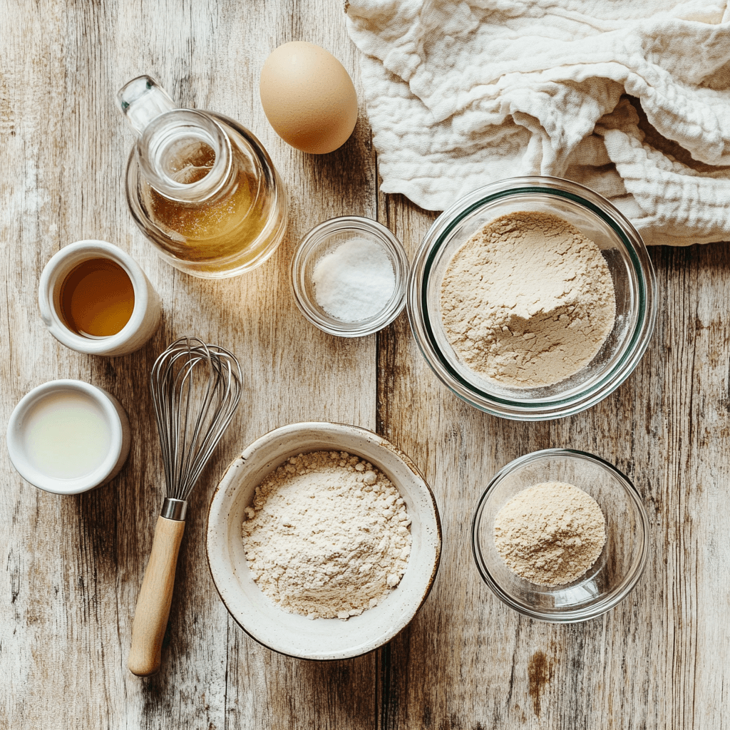 u8779999521_A_flat_lay_of_keto-friendly_gluten-free_bread_ing_983780d7-fdae-4ba6-af24-0f33341590cc_2 Top-down view of gluten-free keto bread ingredients arranged neatly on a wooden counter, including almond flour, psyllium husk, eggs, and apple cider vinegar, in soft natural light