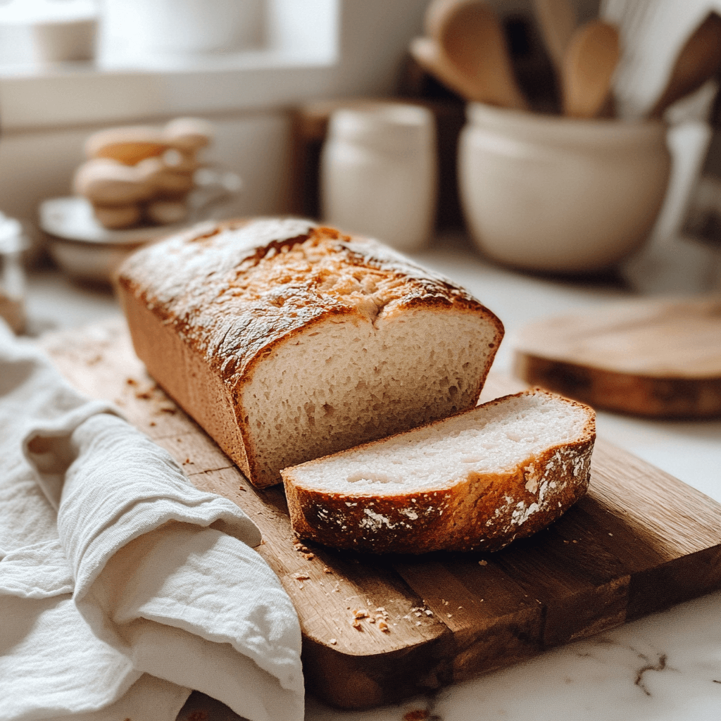 u8779999521_A_freshly_baked_loaf_of_gluten-free_keto_bread_go_35f152f8-77a4-4e8d-a5f1-0c692e4fb497_0 Loaf of gluten-free keto bread sliced on a wooden board, one slice topped with melted butter, in bright, clean kitchen setting