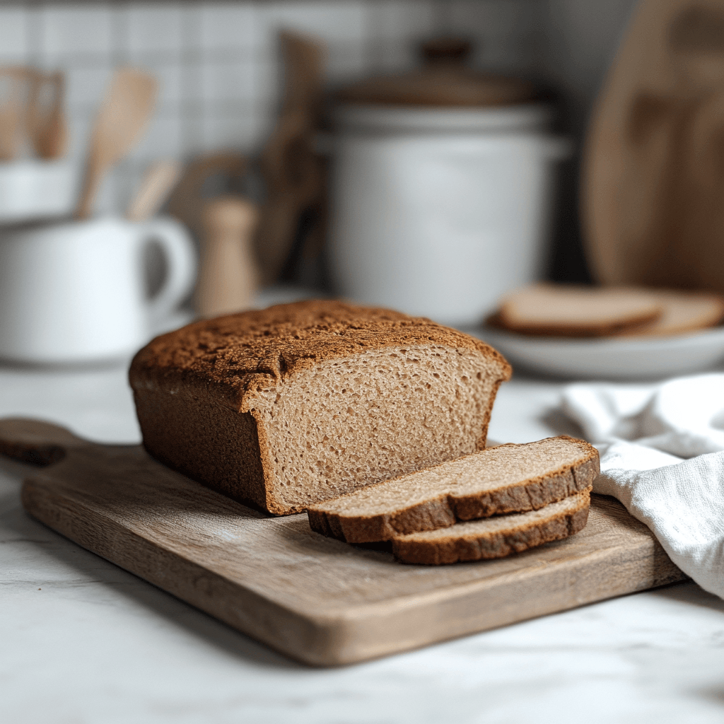 u8779999521_A_freshly_baked_loaf_of_gluten-free_keto_bread_go_35f152f8-77a4-4e8d-a5f1-0c692e4fb497_3 Loaf of gluten-free keto bread sliced on a wooden board, one slice topped with melted butter, in bright, clean kitchen setting.