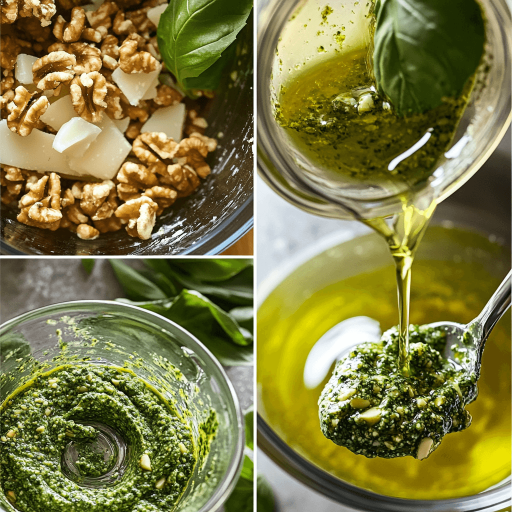 u8779999521_Close-up_sequence_of_making_pesto_first_shot_show_5b2465e7-cc22-426f-8e1e-e9d8b37fc04e_1 Step-by-step view of Pesto Recipe Without Pine Nuts being made: ingredients in a food processor, oil being blended in, and pesto being jarred.