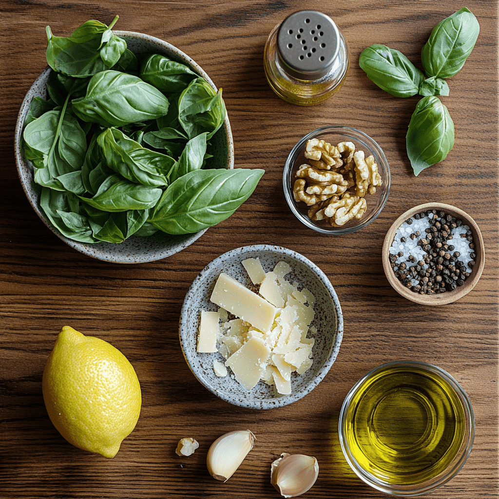 Flat lay of basil, garlic, Parmesan, toasted walnuts, olive oil, lemon, salt, and pepper arranged on a wooden counter.