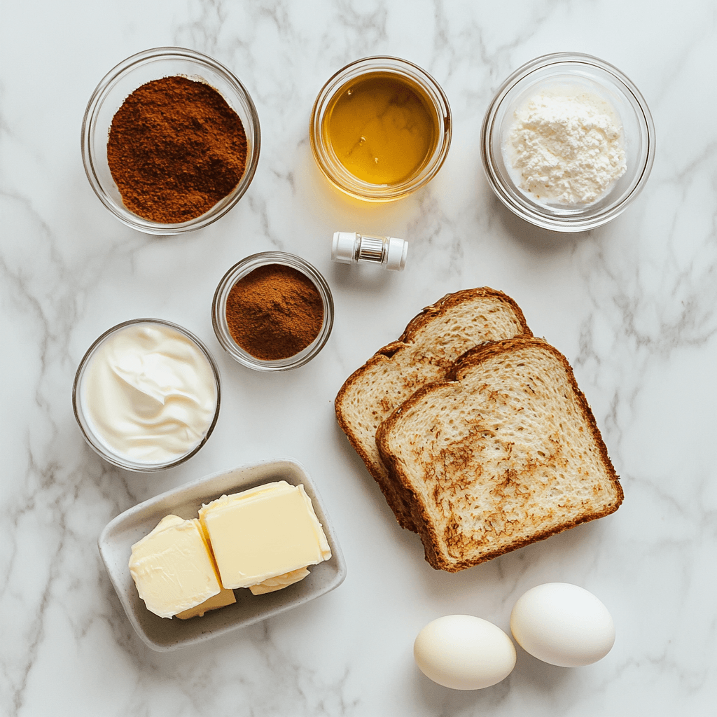 u8779999521_Flat_lay_of_keto_French_toast_ingredients_on_a_cl_b034e819-21d7-49c4-8d59-cb28559b55f0_0 Top-down view of keto French toast ingredients neatly arranged on a marble counter