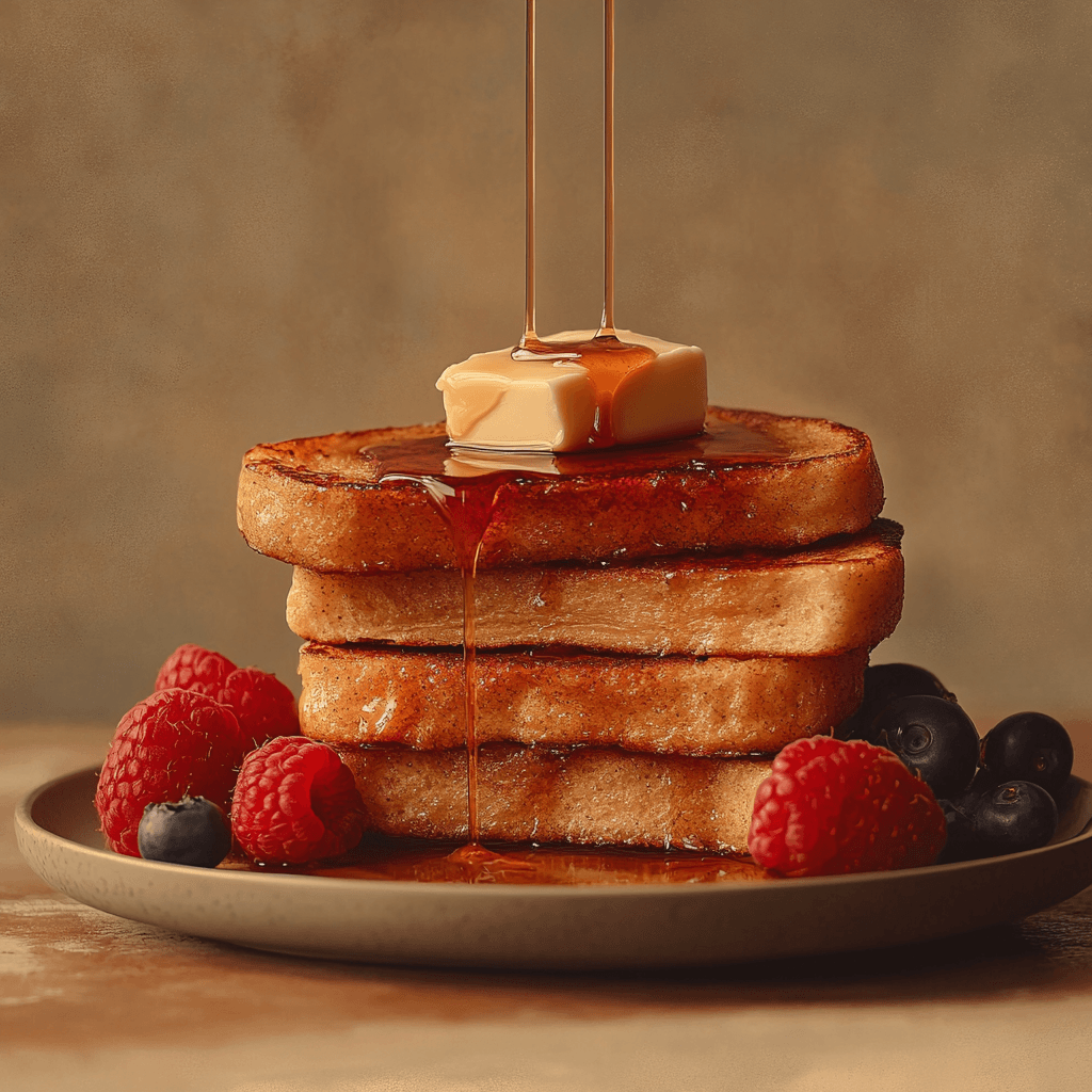u8779999521_Keto_French_toast_slices_stacked_high_on_a_matte__fc54d001-3729-442b-a11a-0c091e28210e_2 A beautifully plated stack of keto French toast on a modern ceramic plate, topped with melting butter, syrup, and fresh berries, surrounded by a softly blurred brunch table setting.