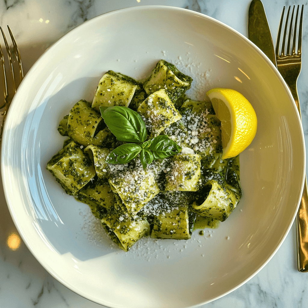 A ceramic plate of al dente pasta generously coated in vibrant green Pesto Recipe Without Pine Nuts sauce