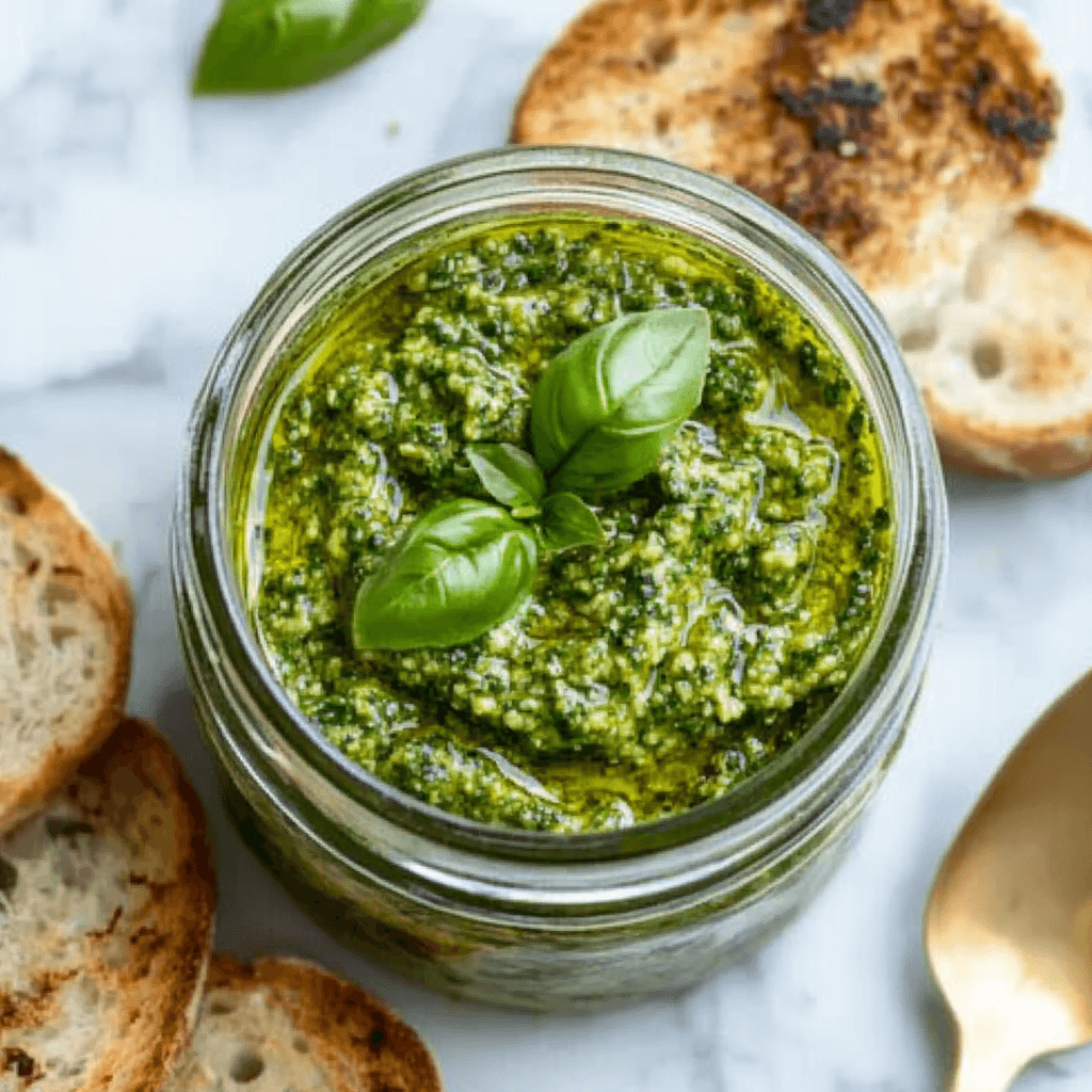 u8779999521_Top-down_view_of_a_small_glass_jar_filled_with_vi_4b0d4e89-286a-49d1-9624-223e9e7c76fa_0 Jar of homemade pesto without pine nuts, topped with basil and oil, served with toasted bread on marble counter.